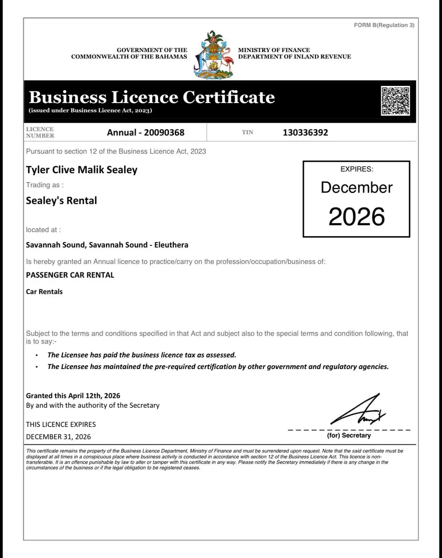 Business licence certificate displayed by Tyler Car Rentals